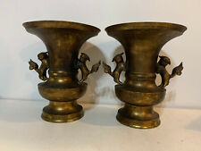 Vintage Antique Chinese Metal Possibly Brass Pair of Vases w Foo Dogs Decoration picture