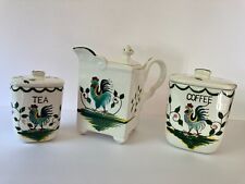 VTG Set of 3 Rooster Pattern Ceramic Coffee/Tea Pot W/Coffee & Tea Cannisters picture