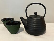 Small Black Cast Iron Ribbed Tea Kettle Teapot with Aluminum Strainer + 2 cups picture