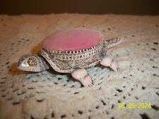 Vintage Florenza Turtle Nodder Pin Cushion Pink Velvet Pink Rhinetone Eyes picture