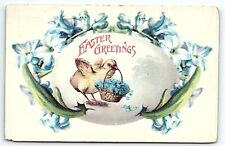 1908 EASTER GREETINGS BABY CHICK BASKET OF FLOWERS SPARTA WI POSTCARD P3311 picture