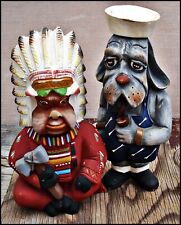 2 Vtg Wood FIGURINES Carvings 2 DOGS Bulldog Indian Chief 12