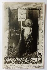 Best Christmas Wishes Boy Broom Real Photo Postcard RPPC Undivided Posted 1906 picture