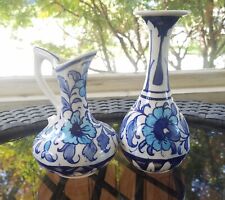 Set of Vintage Blue & White Floral Multani Vase & Pitcher Pakistan Handpainted picture