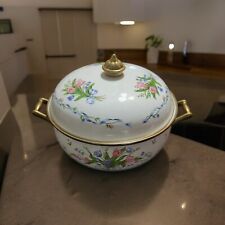 VINTAGE French Brass & Enamel Pan 2.5-Quart 10.25” WITH LID Stockpot Flowers picture