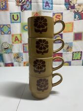 4 Vintage Tea/Coffee Cups Stackable Retro Tan Brown Mid Century Flower Ceramic picture