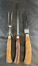 J A Henckels 3 Piece STAG HANDLE Carving Set Knife Fork & Sharpener VNTG picture