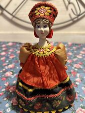 Folk Art Vintage Charming Russian Cone Doll Porcelain Face Hands - Orange/Yellow picture