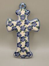 Polish Pottery Cross Cobalt Blue  Boleslawiec Poland Signed Floral Wall Hanging  picture