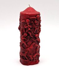 Vintage 70s German carved red pillar candle intricate winter scene cherubs 7