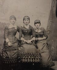 C.1880s Tintype 3 Beautiful Women Seated Close W Victorian Dress Necklace D30255 picture