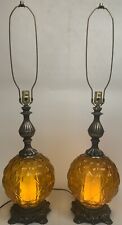 Vintage Pair Amber Glass Globe Hollywood Regency Table Lamps 3 Way 70s Loevsky picture