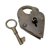 1850's Old Antique Solid Strong Heavy Iron Unique Heart Shape Lock & Key  picture