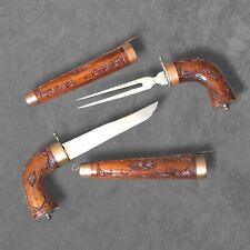 Vintage India Knife Fork Carving Set Hand Carved Wood Dueling Pistols Brass Case picture