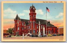 City hall Danbury Connecticut Street View American Flag Old Cars Clock Postcard picture