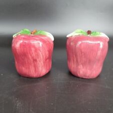 Hand Painted Ceramic Apples Salt & Pepper Shaker Set Red with Green Leaves Vint picture