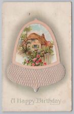 Greetings~Roses & Cottage In Silver/Tan Acorn~Birthday~Emboss~AMP~1913 Postcard picture