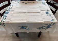 Beautiful Vintage Light Weight Screen Print Blue & Yellow Floral Tablecloth picture