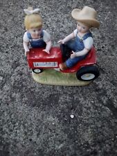 Homco Denim Days Figurine #1525 First Tractor 1985 Red Tractor Boy and Girl  picture