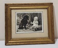 ANTIQUE 1896 GIRL BLACK POODLE PET DOG w/BABY INFANT RATTLE DOLL ART PRINT,FRAME picture
