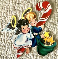 Vintage Christmas Angel Boy Girl Candy Cane Ornament Greeting Card 1940s 1950s picture