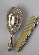 Vintage Hair Brush And Comb Silvertone Heavy picture
