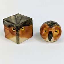 TWO Vintage MCM Hand Carved Italian Alabaster Owl Figurines Paperweights Italy picture