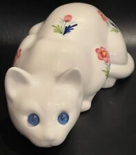 Vintage ELPA Alcobaca Ceramic Cat Blue Eyes Pink Flowers Made In Portugal picture