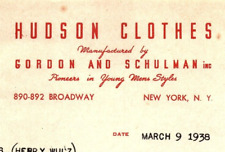 1938 HUDSON CLOTHES GORDON AND SCHULMAN N.Y. YOUNG MEN'S  BILLHEAD INVOICE Z505 picture