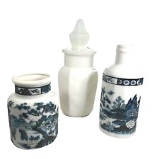 Three Vtg Chinese Jars Bottles Blue & White Porcelain Landscape Pagoda Men Sided picture