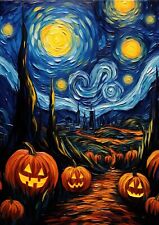 Spooky Starry Night Van Gogh Inspired Halloween Pink Skull NEW Postcard picture