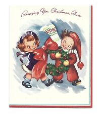 Vtg Christmas Card BIG EYED  Boy & Girl  Carry Big Wreath  1940's SO CUTE 1949 picture