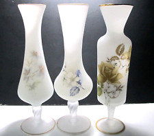 3 Vintage Norleans White Satin Glass Clear Frosted 10” Painted Flower Bud Vases picture