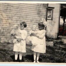 c1910s Cute Little Girls Pose w/ Toy Baby Dolls Real Photo Snapshot Adorable C53 picture