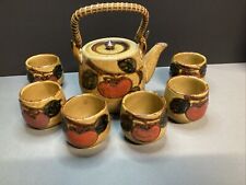 7 pc. Japanese Tea Set- Teapot & 6 Cups Flowers & Bamboo Handle Mustard Color picture