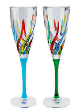 VENETIAN CARNEVALE CHAMPAGNE FLUTES - SET OF 2 - GREEN AND TURQUOISE STEMS picture