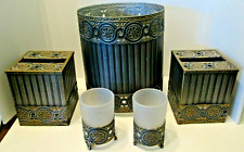 Vintage Silver Blue Tones Toleware Metal Double Vanity Set Tissue Box Trash Cups picture
