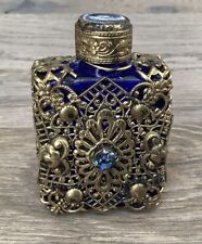 Miniature Blue Square, Decorated Perfume Bottle Ornate Brass Mounts Paste Jewels picture