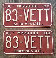 1983 Missouri Vanity Automobile License Plate Pair 83-VETT 
