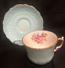 Aynsley Fine Bone China Teacup & Saucer -Blue Cup w Gold Pink Flower-ENGLAND picture