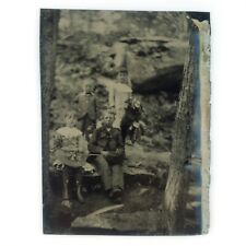 Forest Children Among Trees Tintype c1870 Antique 1/6 Plate Outdoor Photo A2904 picture