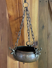 Vintage Copper And Brass Ornate Hanging Pot W Steer Head And Horns Hand Crafted picture