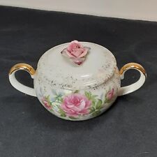 Vintage Lefton Porcelain Sugar Bowl W/ Handles & Lid Gild Speckled Paint Flower picture