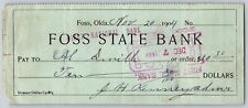 Foss Territorial Oklahoma 1904 Foss State Bank Check Very Scarce picture