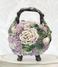 Vintage Porcelain Footed Wood Look Basket Vase Overlaid Carnations & Roses 805 picture