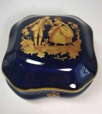 VTG Limoges France Cobalt Blue Gold Trim Couple Designed Trinket Box Porcelain  picture