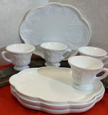 VTG Luncheon Plate & Teacup Set (4) Milk Glass Harvest Grape Indiana Glass USA picture