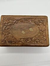 Vintage Hand Carved Wooden Hinged Box 6” x 4” x 2.5” Lined with Red Material picture