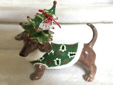 Blue Sky Clayworks Doxie Dachshund Christmas Figurine With Tree Hat 10” NWT picture