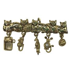 Vintage Signed AJC Figural Cat Brooch Dangle Charms Gold Tone Mouse Yarn Bird picture